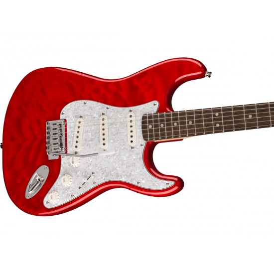 Fender 0378034538 Squier FSR Affinity Stratocaster Electric Guitar QMT Laurel Fingerboard - Crimson Red Transparent